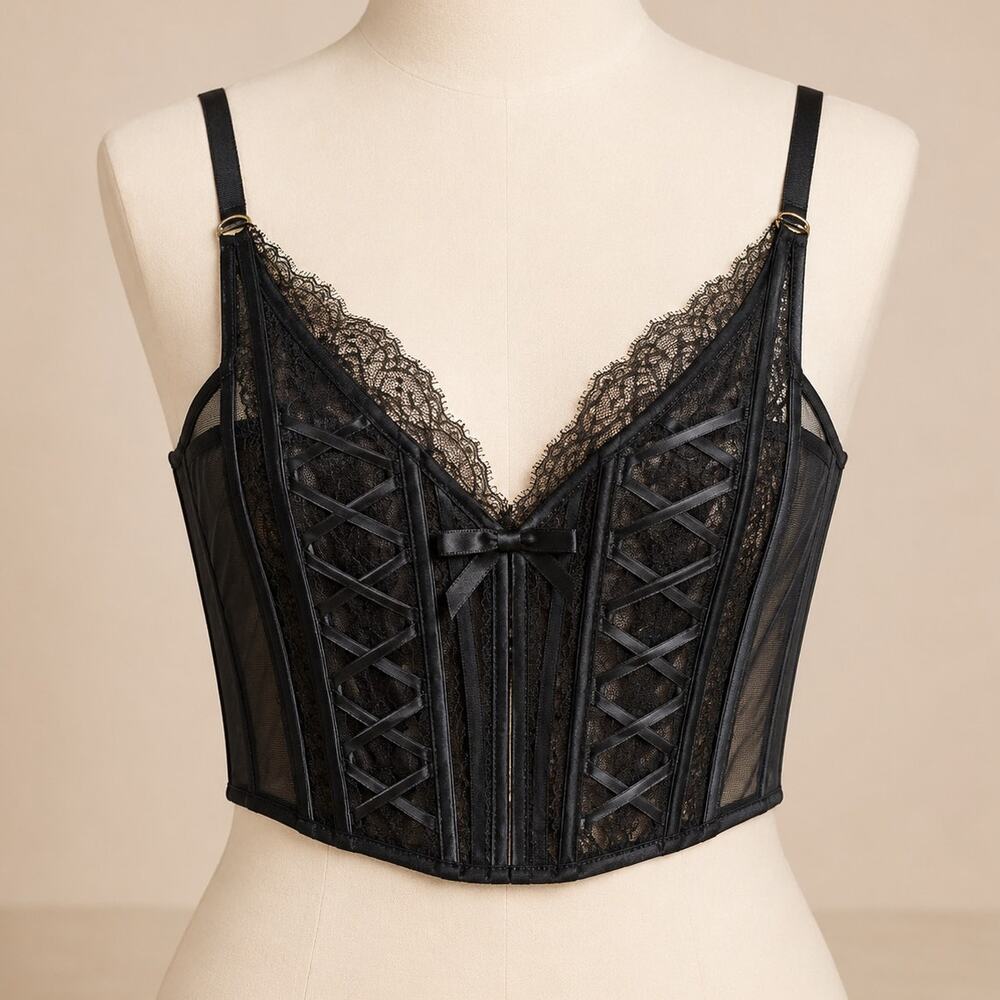 Victoria’s Secret Black Lace Mesh Corset Bralette NWT Size Medium
